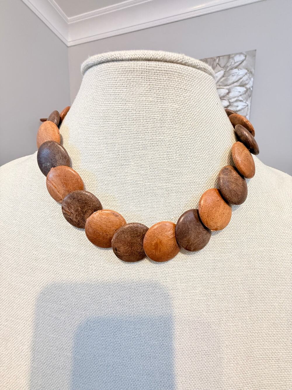 Chunky Round Wood Disc Necklace 15” Boho Natural